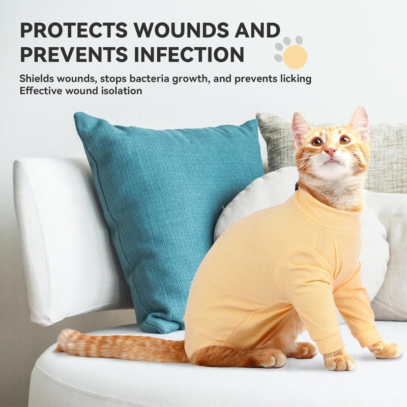 T'CHAQUE Cat Surgery Recovery Suit, Anti-Licking Onesie for Post-Spay/Neuter Abdominal Wound, Cat Recovery Suit with Adjustable Drawstring Collar - Long Sleeve Kitten Surgical Onesie, Orange, S - Image 5